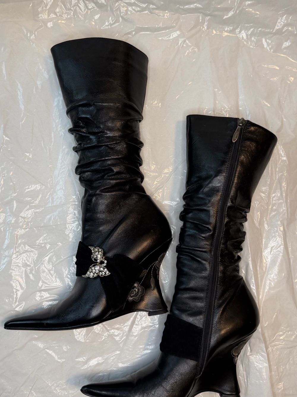 Black Mid-Calf Heeled Boots with Crystal Bow Accent